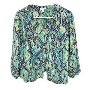 Charter Club 100% Linen Button Up Green Aztec Jacket Cardigan Size XL